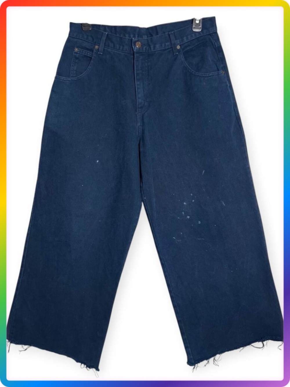 Solo Semore Wide Leg Jeans Indigo Raw Hem Mens 34x27 Vintage Dark Denim USA